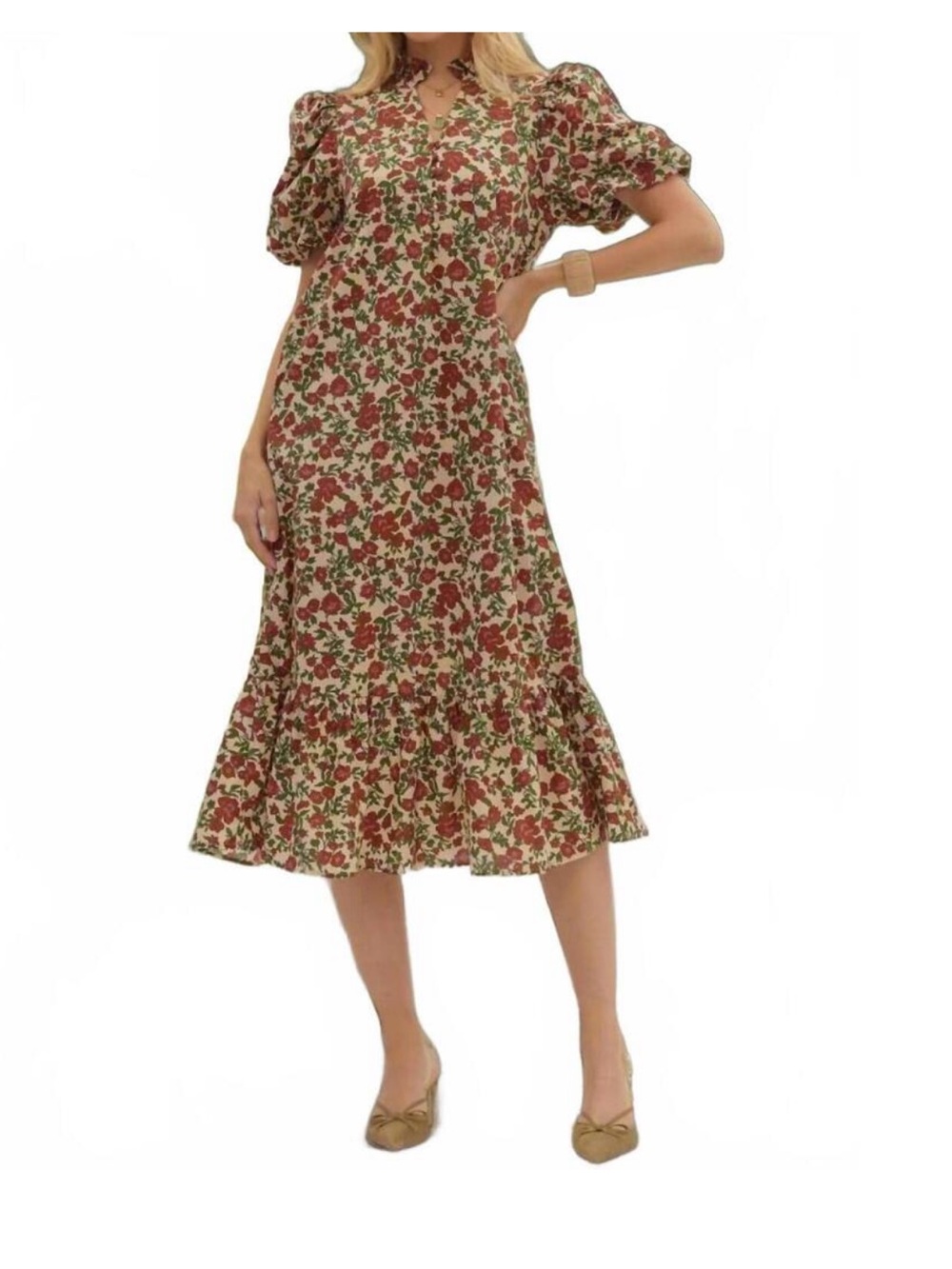 entro Floral Puff-Sleeve Midi Skirt Dress in Cream, Red & Green